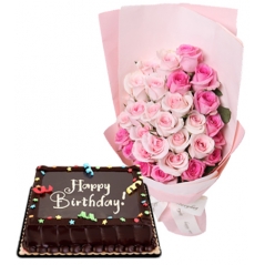 24 Hot & Soft pink roses with Birthday cake to philippines