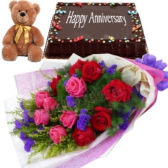 12 Red and Pink Roses Bouquet,Brown Bear with Happy Anniversary Cake