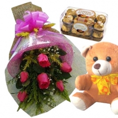 6 pink rose with chocolate and teddy bear to philippines