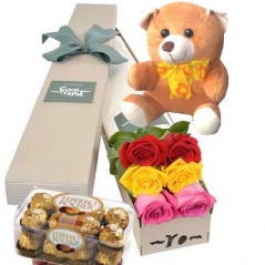 6 pcs roses in box with teddy bear and chocolate to manila in the philippines