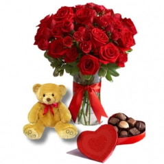 send 24 red roses in vase with teddy bear and chocolate to Philippines