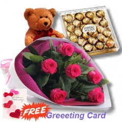 6 pink rose with teddy bear and chocolate to philippines