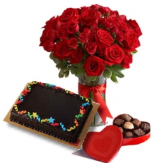 24 red roses in vase with chocolate and cake to philippines