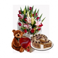 send 12 red rose with lilies and cake with chocolate to Manila in the Philippines