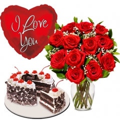 12 Red Roses Vase,Love U Balloons with Heart Shaped Black Forest Cake Delivery to Manila Philippines