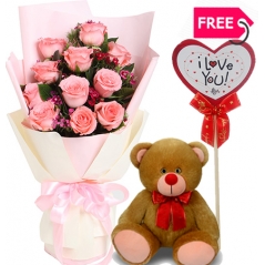 Send 12 pink roses with bear and FREE place card