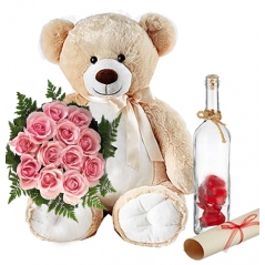 12 Pink Roses with Teddy & Message in Bottle To Manila