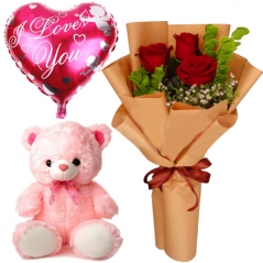 3 Roses with Teddy and Mylar Balloon