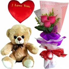 3 Pcs Roses with Heart Pillow & Teddy