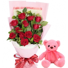 12 Red Roses in Bouquet with Bear Delivery to Manila Philippines