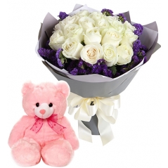 24 White Roses in Bouquet with Bear Send to Manila Philippines