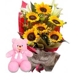6 pcs sunflowers bouquet with teddy bear