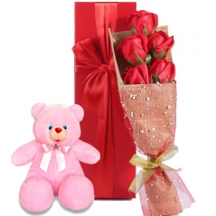6 Red Roses box with White Teddy Bear Send to Manila