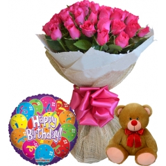 24 Pink color roses with balloon and teddy bear to Philippines