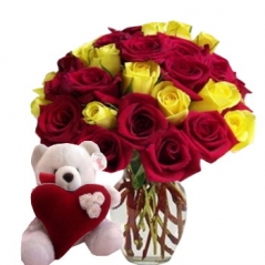 12 red & 6 yellow Roses vase & mini Bear with pillow philippines