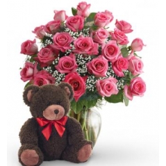 24 Roses in Vase & Bear Send to Manila Philippines