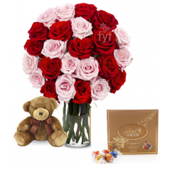 Red & Pink Rose vase,Brown Bear with Lindt to Manila Philippines