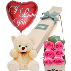 6 Pink Roses Box,Pink Bear with I Love U Balloon Delivery to Manila Philippines