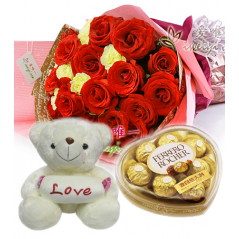 12 Red Roses & yellow carnation Bouquet,Pink Bear with Ferrero box Delivery to Manila Philippines