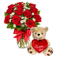 12 Red Roses Vase with Love U Bear Delivery to Manila Philippines