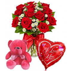 12 Red Roses Vase,Red Bear with Love U Balloon Delivery to Manila Philippines