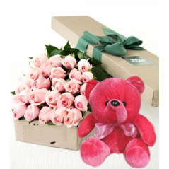 24 Pink Roses Box With Red Bear Delivery to Manila Philippines