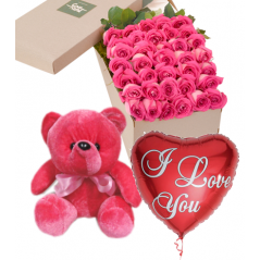 36 Pink Roses Box,Red Bear with I Love u Balloon Delivery to Manila Philippines