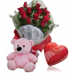 Rose bouquet,Pink Bear with Lindt Chocolate to Manila Philippines