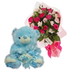 24 Multi Color Roses in Bouquet with Bear
