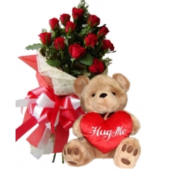 12 Red Roses  w/Brownie Bear w/ I love You Heart