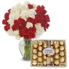 36 Red & White Roses vase with Ferrero chocolate to Manila Philippines