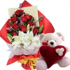 12 Red Roses,lilies with White Teddy Bear Send to Manila Philippines