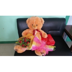 12 Red Roses Bouquet,Red Ribbon Cake with Pink Bear