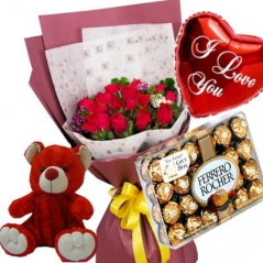 12 Red Roses,Red Bear,Ferrero Rocher Chocolate Box with I Love U Balloon