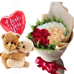 36 Mixed Color Roses,2 Hug Bear with I Love U Balloon