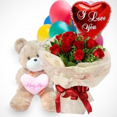12 Red Roses Bouquet,Hug Me Bear with I Love u Balloon