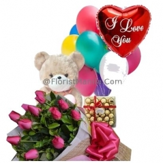 12 Red Roses,Bear,Ferrero Rocher Chocolates with I Love U Balloon
