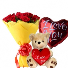 12 Red Roses,Kiss Me Bear with Happy Birthday Balloon