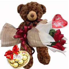 send rose bouquet with small heart bear, ferrero chocolate box and balloons to manila Philippines