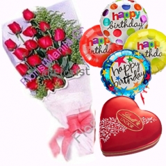 12 Red Roses with Chocolate and Balloon