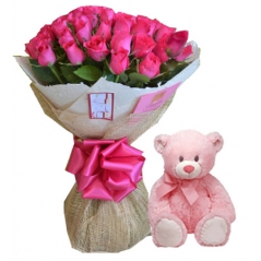 24 Pink Roses with small FREE teddy Bear