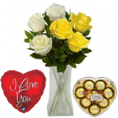 send 6 pcs white and yellow color roses with chocolate and balloon to philippines