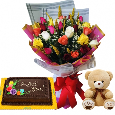 36 Mixed Roses Bouquet,Red Bear with Ultimate Chocolate Cake Delivery ...