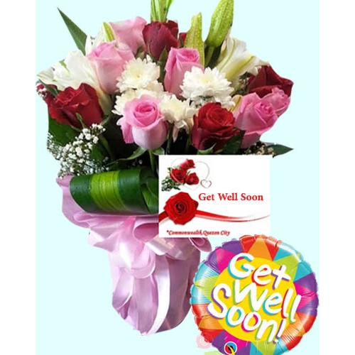 Get well soon mixed flowers with balloon to Philippines