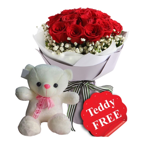 12 Red Roses with Free Teddy Bear