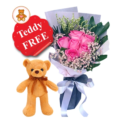 6 Pink Roses with Teddy Bear