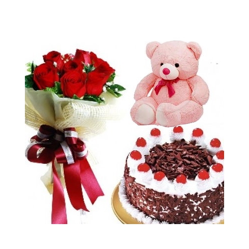 6 Red Roses,Pink Bear with Black Forest Cake