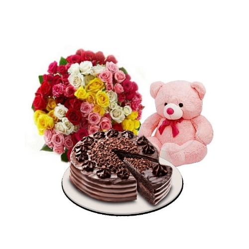 48 Mixed Roses,Pink Bear with Ultimate Chocolate Cake