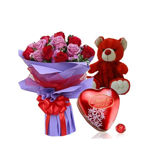 12 red and pink roses with bear and chocolate to philippines