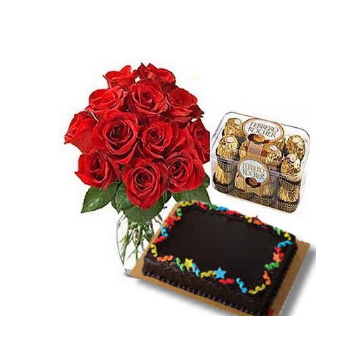 send 12 red roses in vase with cake and chocolate to philippines